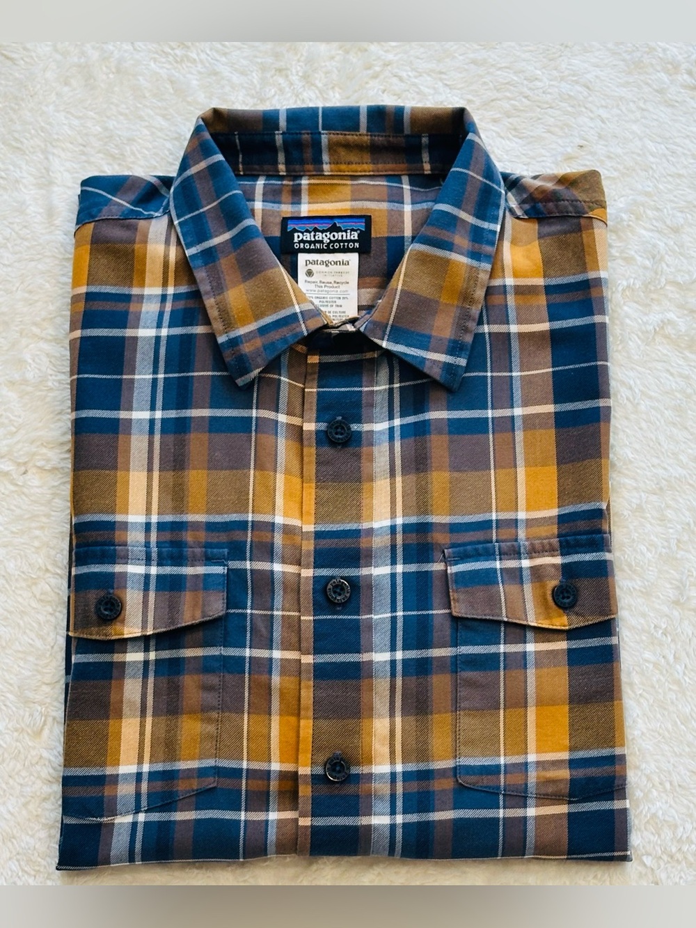 Patagonia Men's L Long Sleeve Button Up Shirt Blue Gold Plaid Organic Cotton